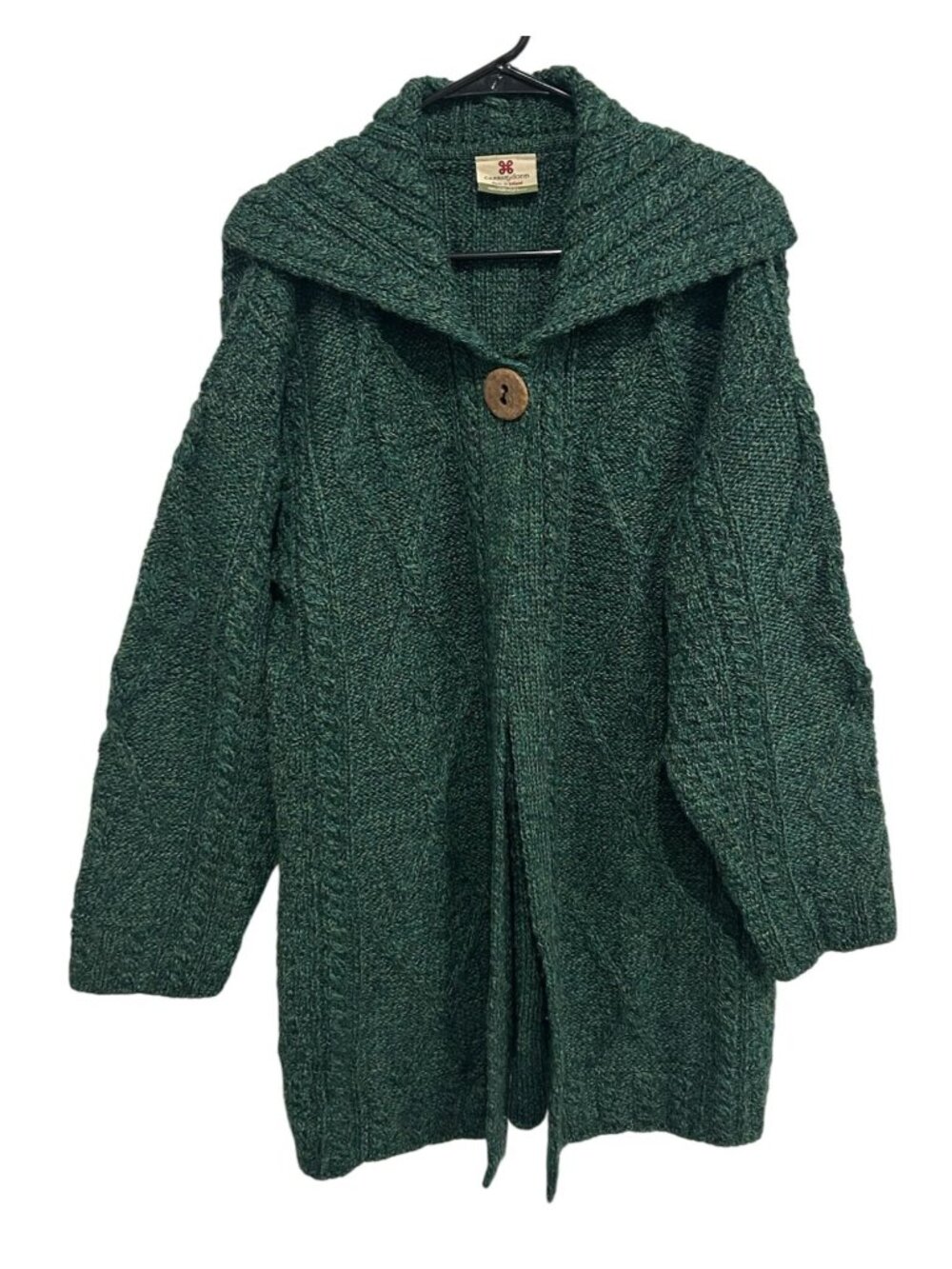 Carraig Donn Large Green Wool Knit Cable Cardigan Coat Cozycore Grandmacore